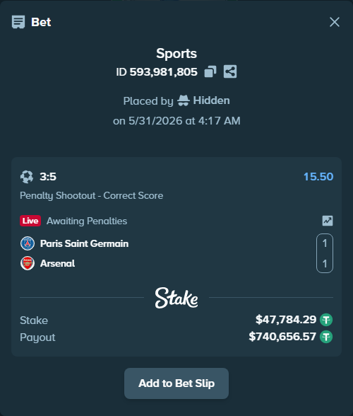 Bet slip: Paris Saint Germain - Arsenal, $47,832.08 stake at 15.50 odds, placed by Hidden