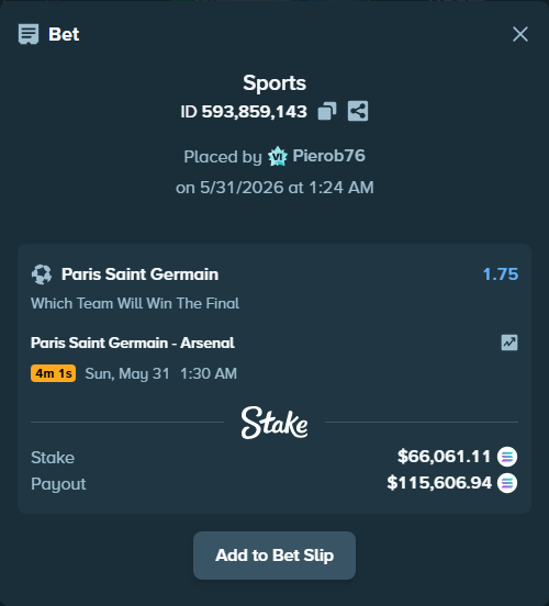 Bet slip: Paris Saint Germain - Arsenal, $58,728.00 stake at 1.75 odds, placed by Pierob76