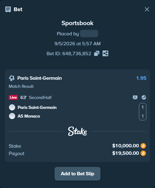 Bet slip: Paris Saint Germain - AS Monaco, $9,971.12 stake at 1.95 odds, placed by Hallfkh