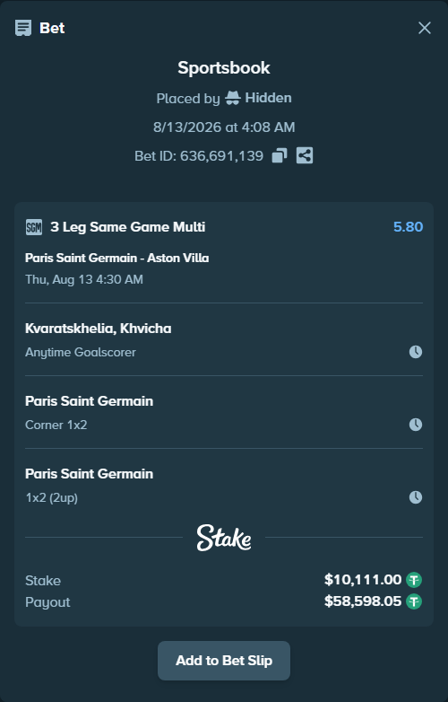 Bet slip: Paris Saint Germain - Aston Villa, $10,121.11 stake at 2.85 odds, placed by Hidden