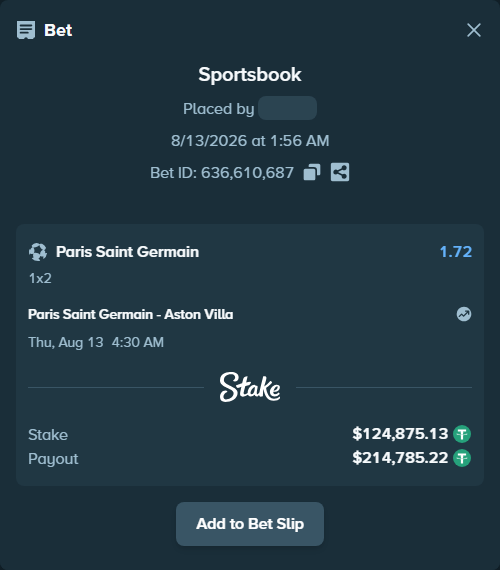 Bet slip: Paris Saint Germain - Aston Villa, $125,000.00 stake at 1.72 odds, placed by SpivX