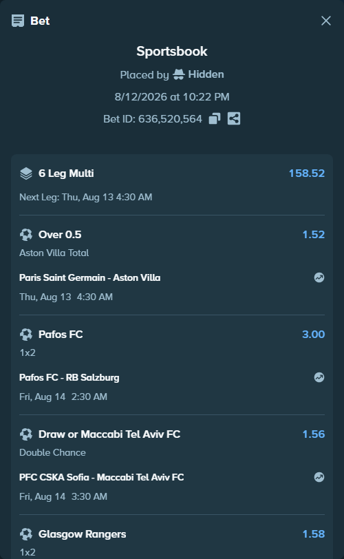 Bet slip: Paris Saint Germain - Aston Villa, $20,000.00 stake at 1.52 odds, placed by Hidden