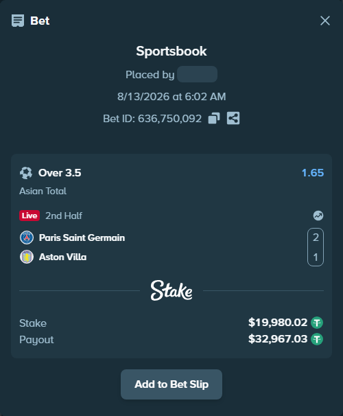 Bet slip: Paris Saint Germain - Aston Villa, $20,000.00 stake at 1.65 odds, placed by Jackpoor