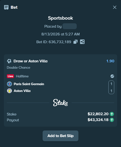 Bet slip: Paris Saint Germain - Aston Villa, $22,825.00 stake at 1.90 odds, placed by diomancy