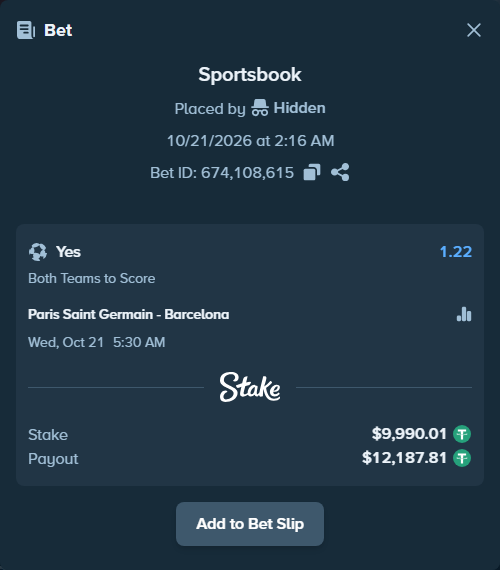 Bet slip: Paris Saint Germain - Barcelona, $10,000.00 stake at 1.22 odds, placed by Thor9977