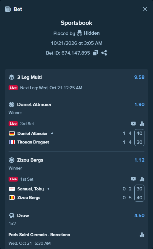 Bet slip: Paris Saint Germain - Barcelona, $10,000.00 stake at 4.50 odds, placed by Hidden