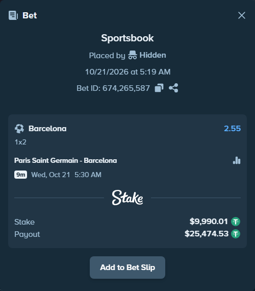 Bet slip: Paris Saint Germain - Barcelona, $10,000.00 stake at 2.55 odds, placed by Oen1