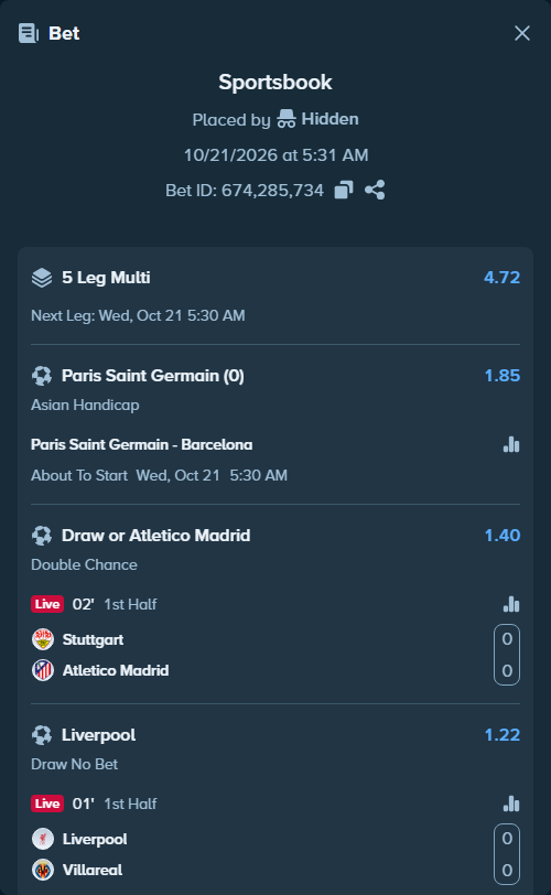 Bet slip: Paris Saint Germain - Barcelona, $10,000.00 stake at 1.85 odds, placed by Haliasovskyi