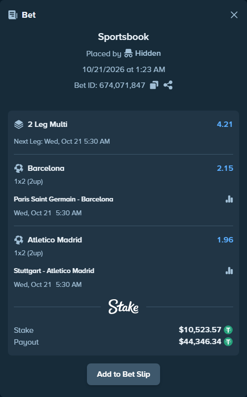 Bet slip: Paris Saint Germain - Barcelona, $10,534.10 stake at 2.15 odds, placed by DMNTE96
