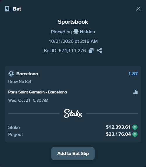 Bet slip: Paris Saint Germain - Barcelona, $12,406.00 stake at 1.87 odds, placed by Hanselwilliam1