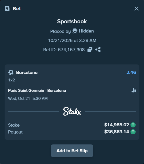 Bet slip: Paris Saint Germain - Barcelona, $15,000.00 stake at 2.46 odds, placed by ItsArsyk