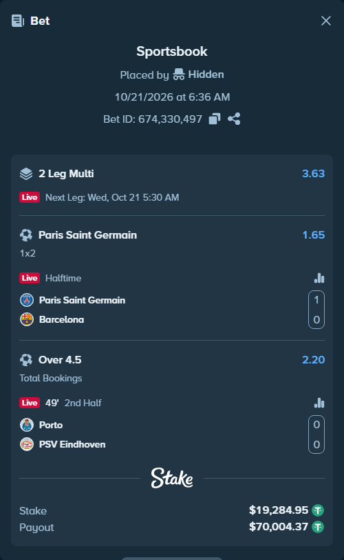 Bet slip: Paris Saint Germain - Barcelona, $19,304.24 stake at 1.65 odds, placed by Hidden