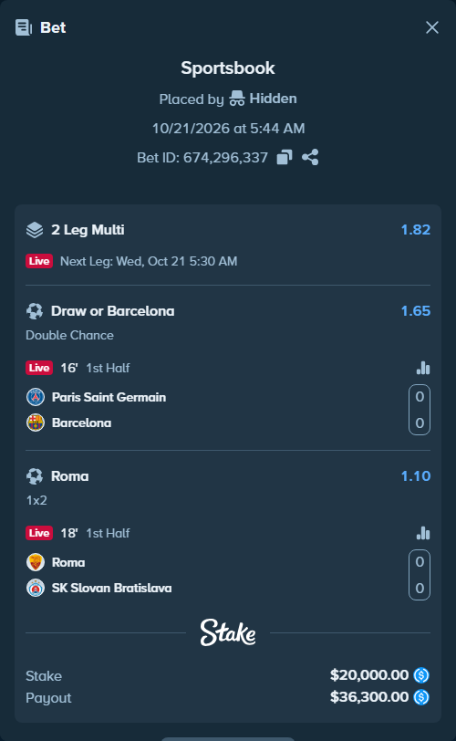 Bet slip: Paris Saint Germain - Barcelona, $20,000.00 stake at 1.65 odds, placed by Hidden