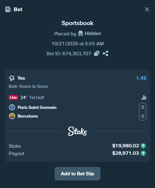 Bet slip: Paris Saint Germain - Barcelona, $20,000.00 stake at 1.45 odds, placed by Mates99