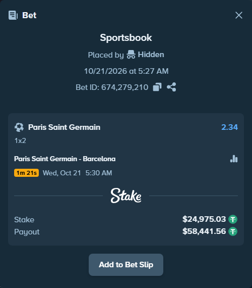 Bet slip: Paris Saint Germain - Barcelona, $25,000.00 stake at 2.34 odds, placed by Pelumi0075