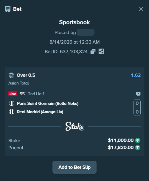 Bet slip: Paris Saint-Germain (Bella Neko) - Real Madrid (Amaya Liu), $11,011.00 stake at 1.62 odds, placed by jajapa7777