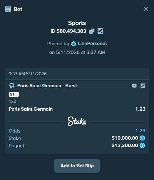 Bet slip: Paris Saint Germain - Brest, $10,000.00 stake at 1.23 odds, placed by LinnPersonal