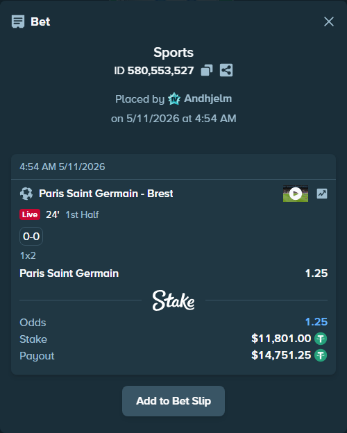 Bet slip: Paris Saint Germain - Brest, $11,801.00 stake at 1.25 odds, placed by Andhjelm
