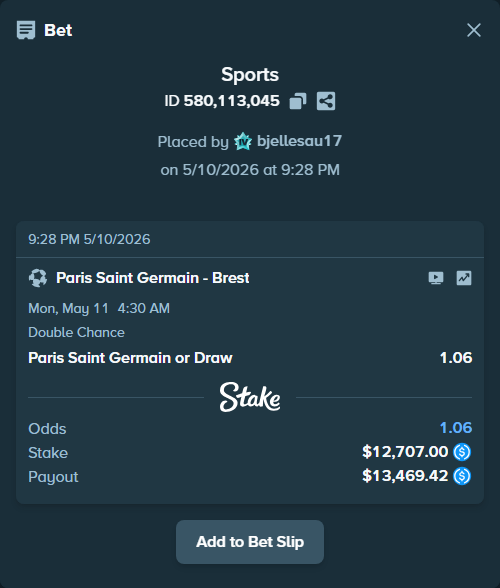 Bet slip: Paris Saint Germain - Brest, $12,707.00 stake at 1.06 odds, placed by bjellesau17