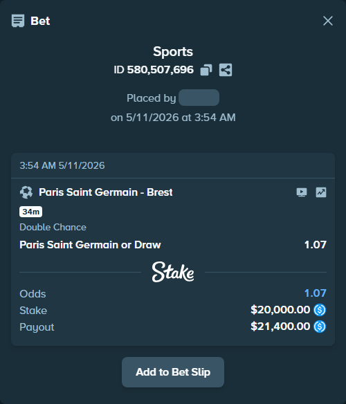 Bet slip: Paris Saint Germain - Brest, $20,000.00 stake at 1.07 odds, placed by joarug