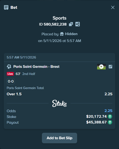 Bet slip: Paris Saint Germain - Brest, $20,172.74 stake at 2.25 odds, placed by Hidden