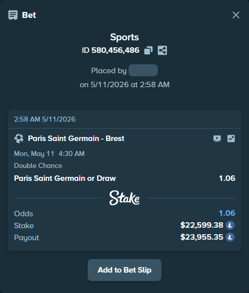 Bet slip: Paris Saint Germain - Brest, $16,908.89 stake at 1.06 odds, placed by geronimo1980