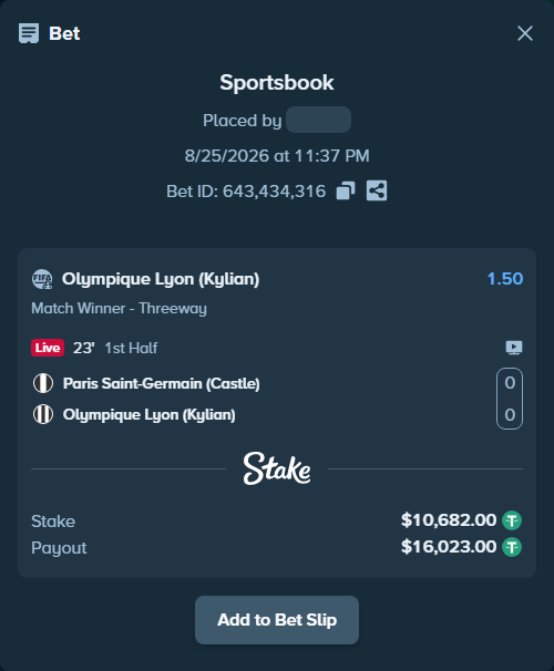 Bet slip: Paris Saint-Germain (Castle) - Olympique Lyon (Kylian), $10,682.00 stake at 1.50 odds, placed by Josecarmelo