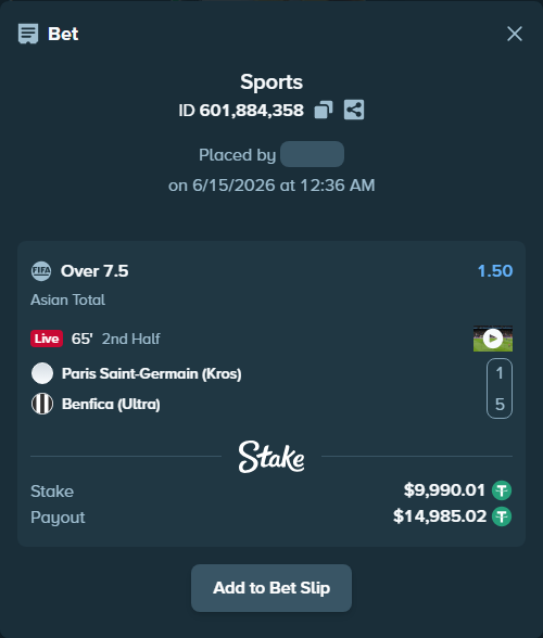 Bet slip: Paris Saint-Germain (Kros) - Benfica (Ultra), $10,000.00 stake at 1.50 odds, placed by wswrj2008