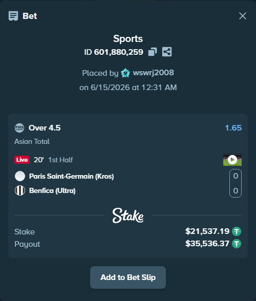 Bet slip: Paris Saint-Germain (Kros) - Benfica (Ultra), $21,558.73 stake at 1.65 odds, placed by wswrj2008