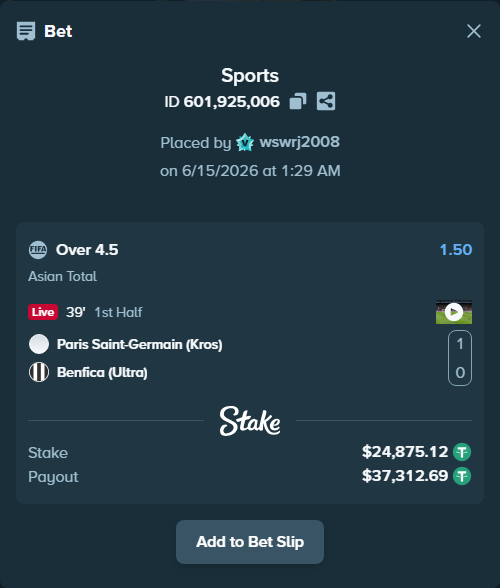 Bet slip: Paris Saint-Germain (Kros) - Benfica (Ultra), $24,900.00 stake at 1.50 odds, placed by wswrj2008