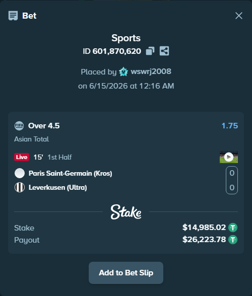 Bet slip: Paris Saint-Germain (Kros) - Leverkusen (Ultra), $15,000.00 stake at 1.75 odds, placed by wswrj2008