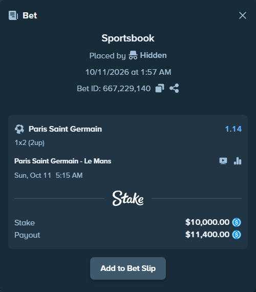 Bet slip: Paris Saint Germain - Le Mans, $10,000.00 stake at 1.14 odds, placed by LinnPersonal