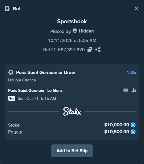 Bet slip: Paris Saint Germain - Le Mans, $10,000.00 stake at 1.05 odds, placed by Wolfie9
