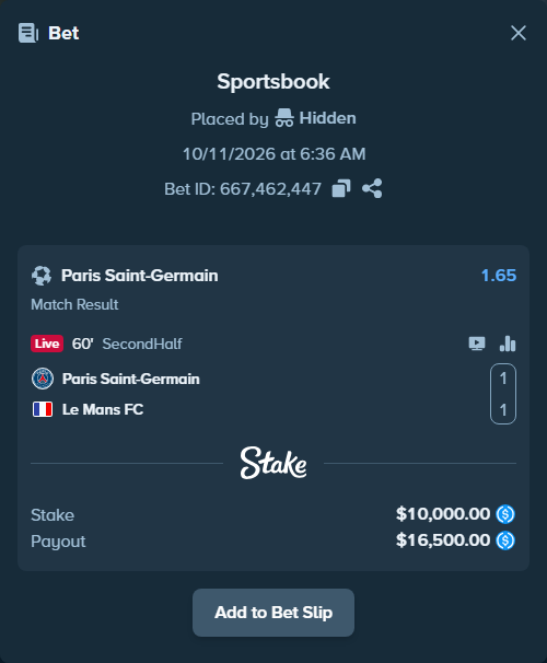 Bet slip: Paris Saint Germain - Le Mans, $10,000.00 stake at 1.65 odds, placed by olavandr