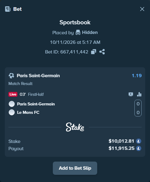 Bet slip: Paris Saint Germain - Le Mans, $9,965.69 stake at 1.19 odds, placed by Ing79J