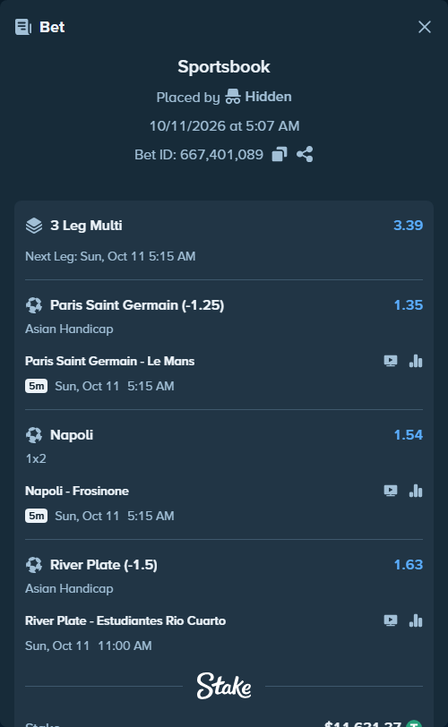 Bet slip: Paris Saint Germain - Le Mans, $11,643.00 stake at 1.35 odds, placed by Agus1033