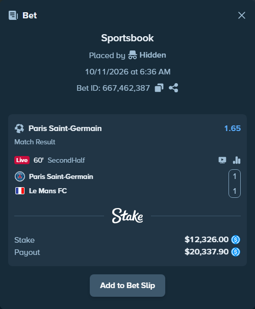 Bet slip: Paris Saint Germain - Le Mans, $12,326.00 stake at 1.65 odds, placed by Hidden
