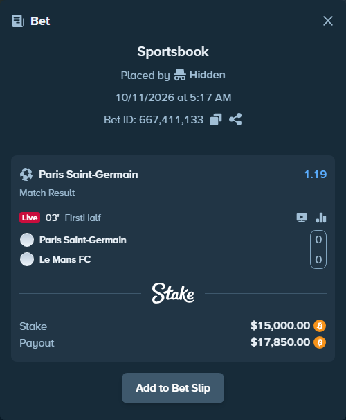 Bet slip: Paris Saint Germain - Le Mans, $15,007.28 stake at 1.19 odds, placed by Espnik
