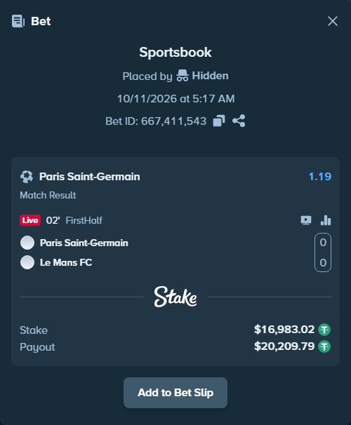 Bet slip: Paris Saint Germain - Le Mans, $17,000.00 stake at 1.19 odds, placed by Iben1993