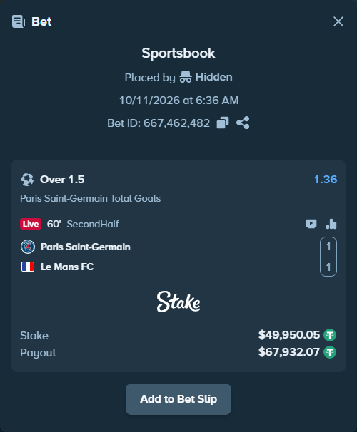 Bet slip: Paris Saint Germain - Le Mans, $50,000.00 stake at 1.36 odds, placed by Jackpoor