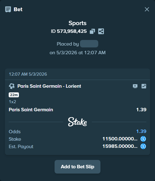 Bet slip: Paris Saint Germain - Lorient, $11,500.00 stake at 1.39 odds, placed by marbad2