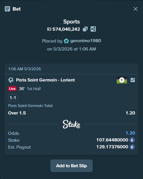 Bet slip: Paris Saint Germain - Lorient, $4,790.19 stake at 1.20 odds, placed by geronimo1980