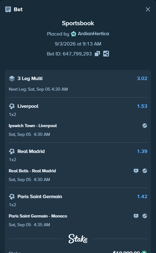 Bet slip: Paris Saint Germain - Monaco, $10,000.00 stake at 1.42 odds, placed by ArdianHertica