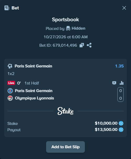 Bet slip: Paris Saint Germain - Olympique Lyonnais, $10,000.00 stake at 1.35 odds, placed by Didrikv
