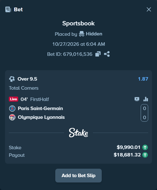 Bet slip: Paris Saint Germain - Olympique Lyonnais, $10,000.00 stake at 1.87 odds, placed by Agus1033