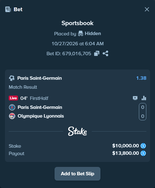 Bet slip: Paris Saint Germain - Olympique Lyonnais, $10,000.00 stake at 1.38 odds, placed by Didrikv