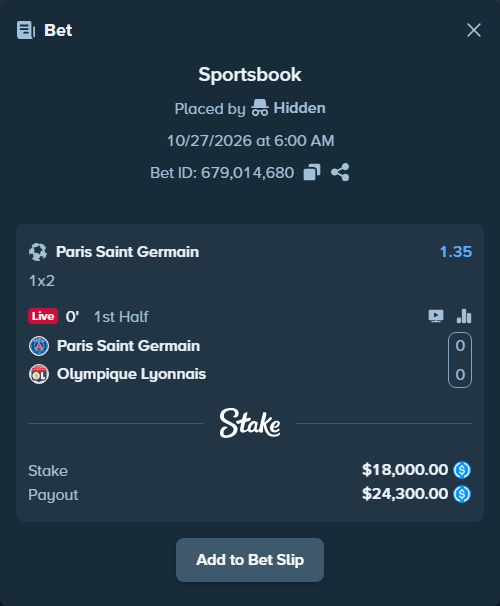 Bet slip: Paris Saint Germain - Olympique Lyonnais, $18,000.00 stake at 1.35 odds, placed by blominj