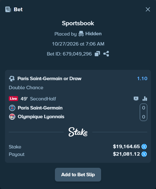 Bet slip: Paris Saint Germain - Olympique Lyonnais, $19,164.65 stake at 1.10 odds, placed by danielarkas