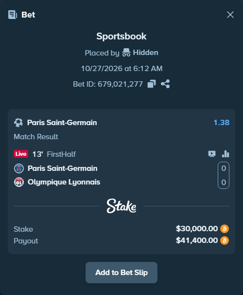 Bet slip: Paris Saint Germain - Olympique Lyonnais, $29,899.26 stake at 1.38 odds, placed by Espnik