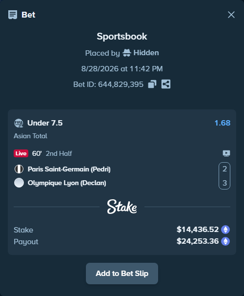 Bet slip: Paris Saint-Germain (Pedri) - Olympique Lyon (Declan), $14,397.90 stake at 1.68 odds, placed by Hidden